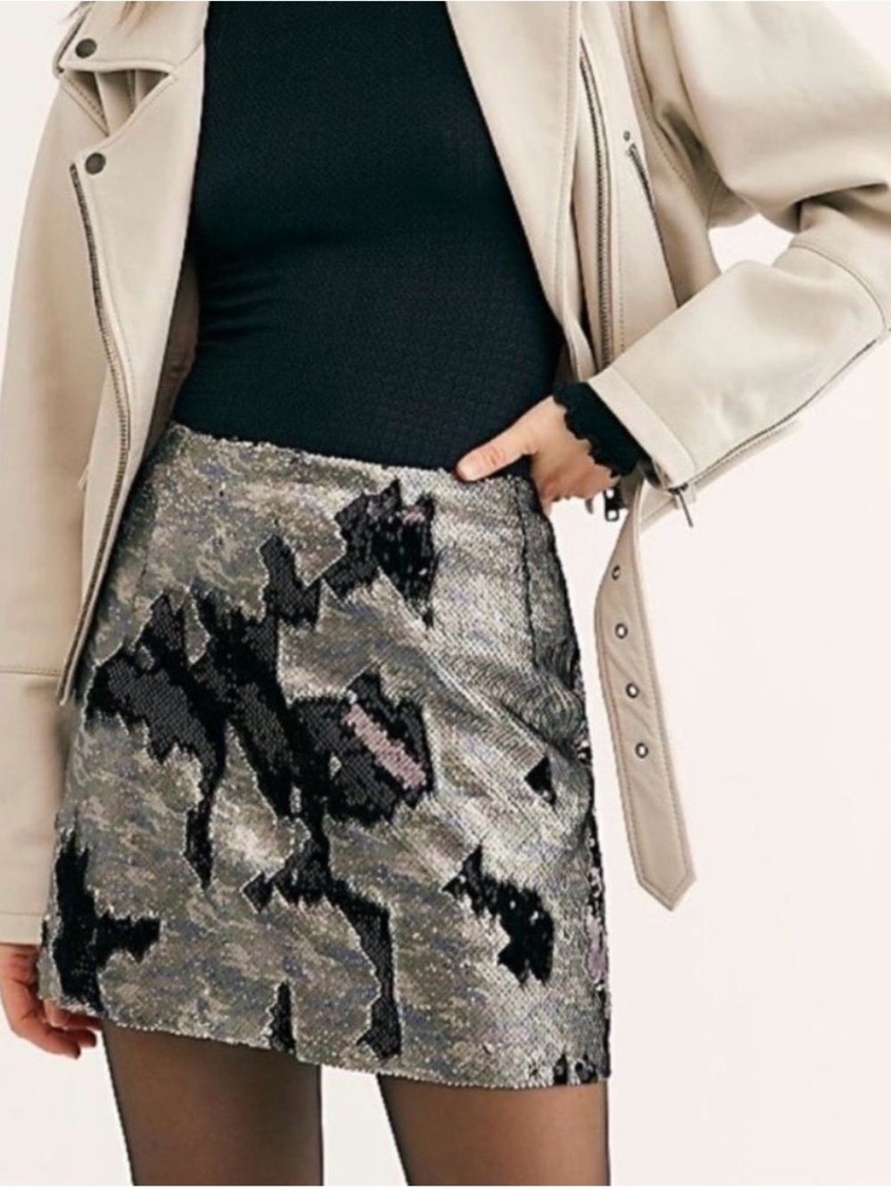 Free People Sequin Mini Skirt in Silver, Black and Pale Pink